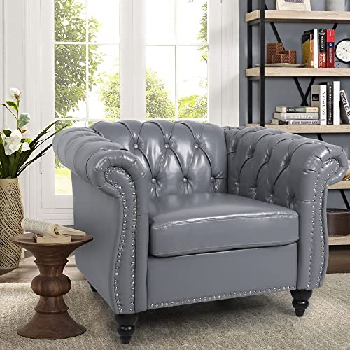 Image of LEVNARY Leather Upholstered Armchair, Mid-Century Modern Single Sofa Chair with Rolled Arms and Nailhead, Tufted Pu Leather Chesterfield Chair for Home Bedroom Reading Room (Gray)