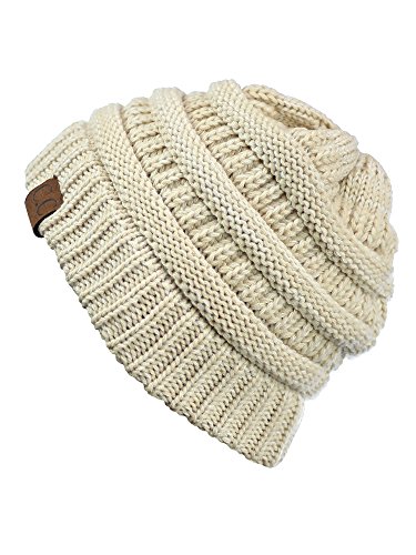 C.C Trendy Warm Chunky Soft Stretch Cable Knit Beanie Skully, Beige Ivory