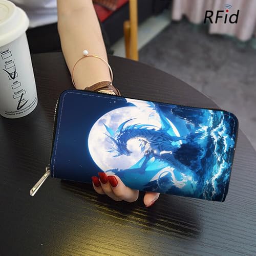 Image of RFID Blocking Leather Wallet for Women - Large Capacity Zip Around Clutch with 8 Card Slots,18 Cash Pockets & Coin Zipper,Blue Dragon