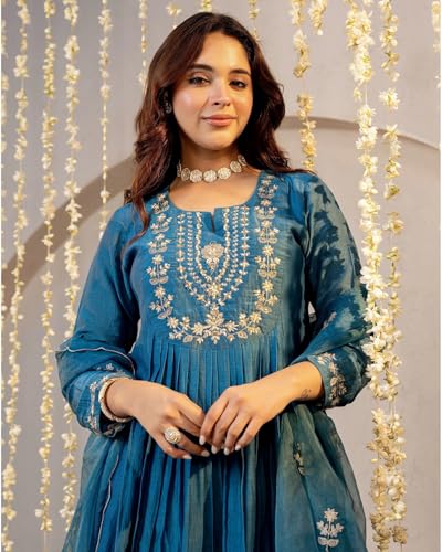 Image of Nermosa Women Embroidery Solid A-Line Kurta and Pant Set with Dupatta