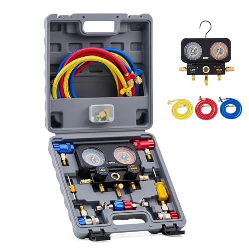 Orion Motor Tech AC Gauges 3 Way Manifold Gauge Set for R1234yf R404a R134a Refrigerant Automotive Gauge Set with Hoses Quick Couplers Self Sealing Can Taps for Car Freon Charging & Evacuation