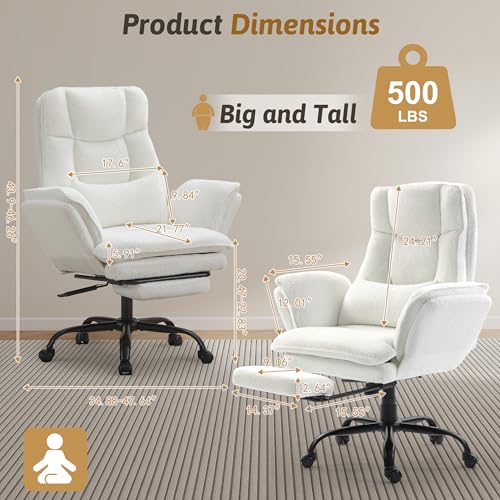 Image of Wider Seat Office Chair with Flip Armrests for Criss Cross Legged&Cats, Big and Tall Executive Ergonomic Reclining Chair with Footrest&Lumbar Pillow, Teddy Fleece Desk Chair, White Vanity Chair