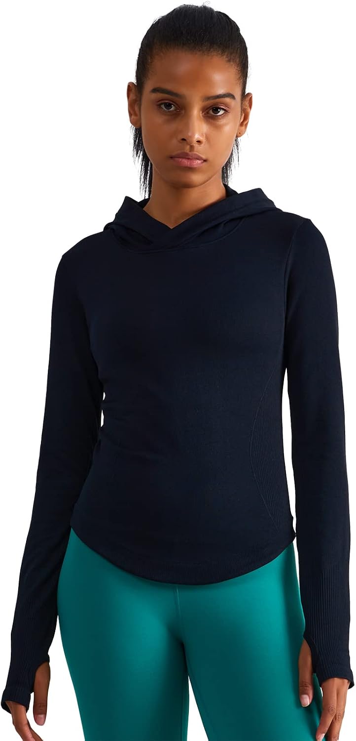 Womens Hooded Athletic Long Sleeve Running Shirts Workout Yoga Tops with Thumb Holes Slim Fit