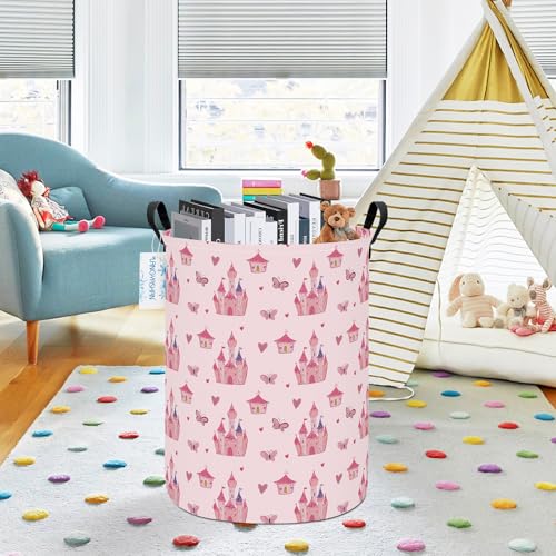Image of Round Laundry Basket Collapsible Storage Hamper Pink Castle | Waterproof Canvas Foldable Baskets with sturdy Handles Multi-scene Organizer for Home Play Bedroom Gift Bin