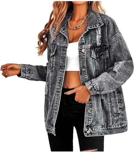 LifeShe Damen Lange Oversized Jeansjacke Boyfriend Ripped Distressed Jeans Jacken Mantel, Schwarz, XXL