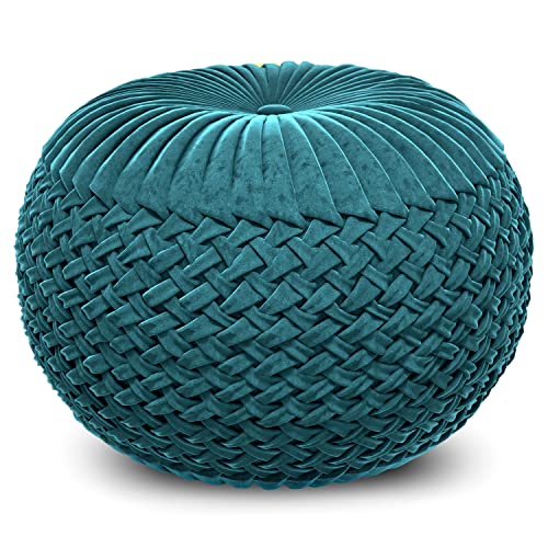 SIMPLIHOME Grafton Round Pouf - 20 inch Wide Upholstered Velvet Ottoman in Teal, Transitional Button-Tufted Footstool or Extra Seating for Living Room or Bedroom with Polystyrene Filling, Assembled