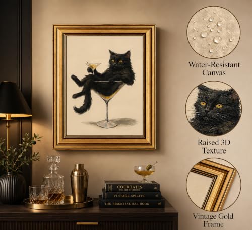Image of Gold Framed 3D Textured Wall Art, Vintage Black Cat Martini Canvas Prints, Whimsical Cat Cocktail Pictures Decor, Humorous and fashionable Animals Gallery Artwork for Bathroom Home Bar 11x9 in