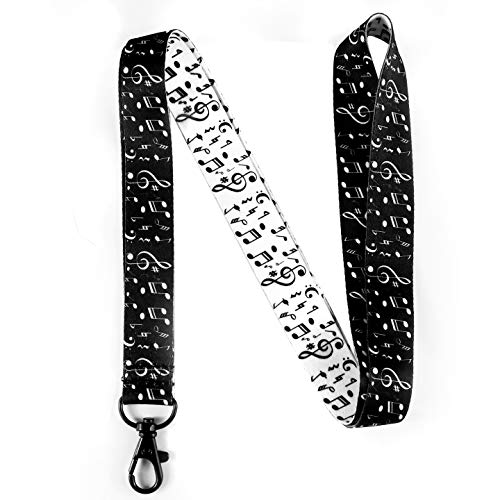 Image of RockNerdy - Musical Notes Lanyard Keychain with Metal Clasp - Music Symbols ID Lanyard for Keys Whistle Passport Name Tag - ID Holder for Music Teacher Student Musician Gifts (Reversible Black /White)