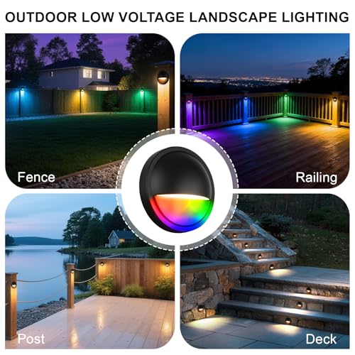 Image of 12V RGB Low Voltage Deck Lights Outdoor for Christmas Decorations | 3W 12 Volt RGB Color Changing LED Low Voltage Fence Lights Wired for Deck Post Stair Step Railing, Aluminum, Black, 12PK