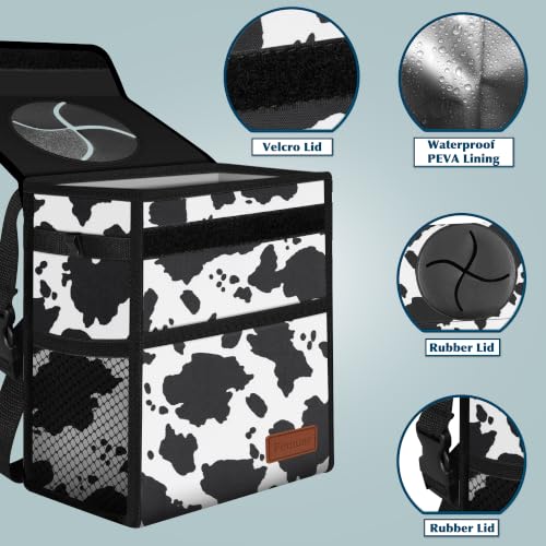 Image of Femuar Leak Proof Car Trash Can with Lid, Collapsible Hanging Waterproof Car Trash Bag with Mesh Pocket for SUV Front Seat Headrest, Cow Print