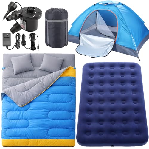 JolliLudo 4 Pcs Camping Tent Set Include 1-2 Person Tent, Sleeping Bag, Air Mattress and 110v Ac/12v Electric Air Pump with 3 Nozzles Easy Set up Shelter with Rain Fly and Carrying Bag for Outdoor