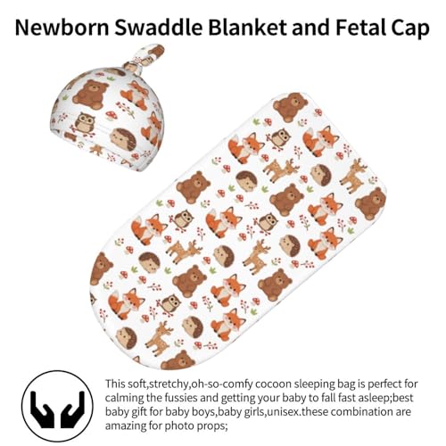 Image of Hedgehog Fox Bear Deer Newborn Baby Swaddle Blanket Woodland Theme Baby Stuff,with Beanie hat Sets, Soft Gifts for Unisex Boys Girls Shower Infant