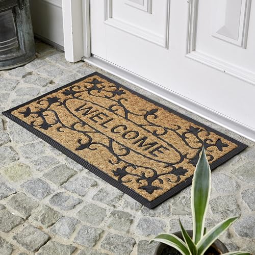 Astra Paillasson antidérapant et résistant - Tapis d'entrée Coco Deluxe en Caoutchouc et Fibres de Coco - Tapis Anti-salissures 45 x 75 cm Relief Welcome