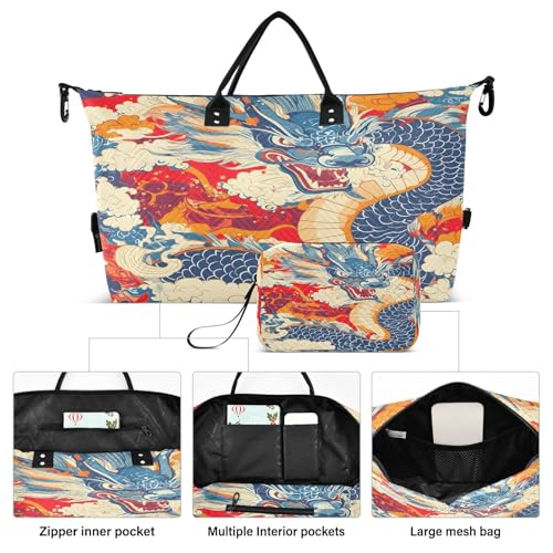 ​​Large Foldable Travel Duffel Bag, Waterproof Gym Bag for Men & Women, Carry-On Luggage Weekender Overnight Bag, Japanese Dragons2