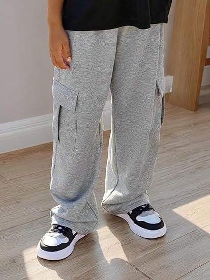 Ltvoo Boy's Baggy Cargo Pants Workout Sweatpants with Pockets Elastic Waist Loose Trousers Casual Pants for 7-14Y (11-12 Years) Grey