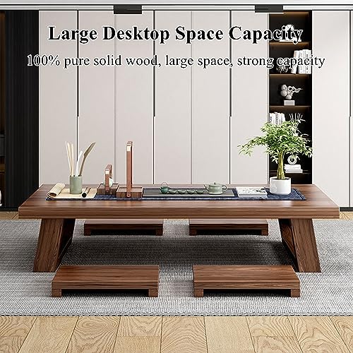 Image of Japanese Floor Table w / 4 Stools, Wooden Coffee Tatami Tea Low Table for Sitting on The Floor, Vintage Kotatsu Dining Table, Brown, 100x60x35cm