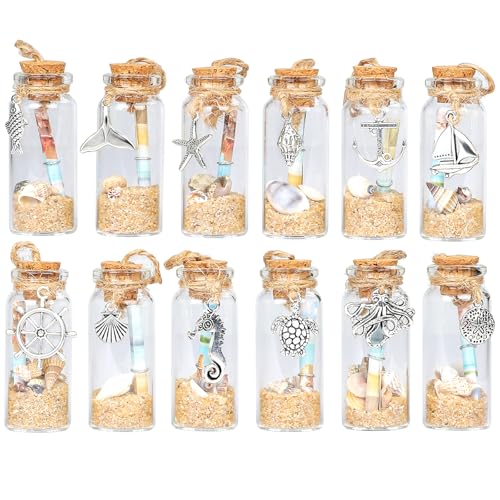 Meching12pcs Nautical Message in a Bottle Kit Coastal Christmas Ornament Beach Decorative Jars with Corks and Seashell Starfish Pendants for Xmas Tree Wedding Party Favors Souvenirs Home Decor