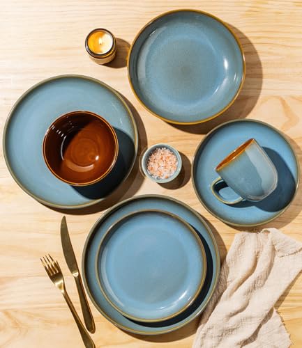 Image of LERATIO Stoneware Dinnerware Sets for 4, 12 Pieces Ceramic Plates and Bowls Sets, Scratch Resistant Dish Set, Oven, Microwave & Dishwasher Safe-Ocean Blue