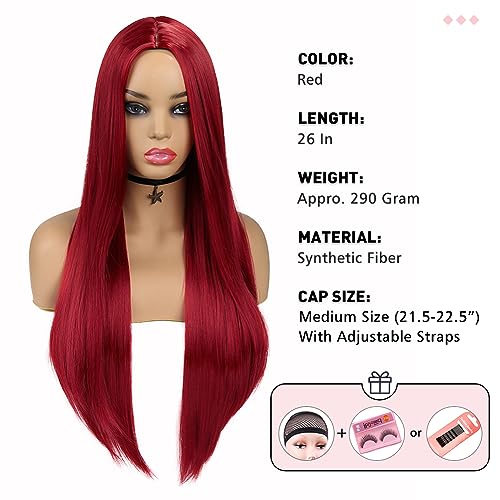 Wiger EAST SEA-1049 Red Wigs For Women Long Straight Red Hair Wig Middle Part Synthetic Colored Mermaid Cosplay Wig No Lace Nature Looking Girls Red Costume Full Wigs thumb #3