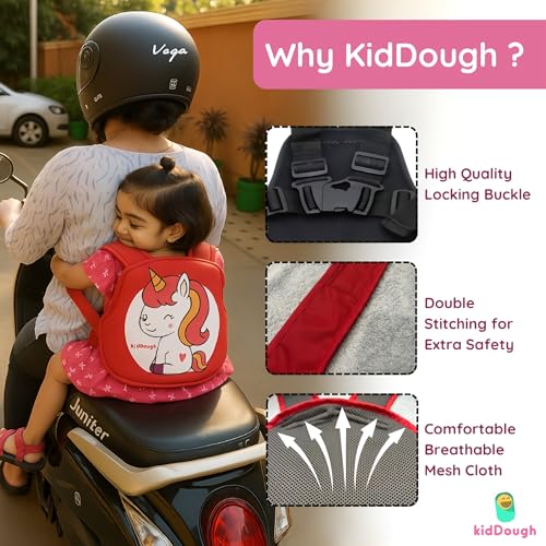 Image of KidDough Baby Safety Belt for Kids | Two Wheeler Bike /Scooty Belt for Kids Safety, Child Harness Safety Belt with Adjustable Baby Carrier for Toddlers & Baby (Cartoon Red)