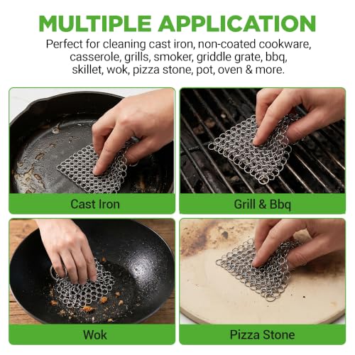 Image of NutriChef Stainless Steel Cast Iron Cleaner - 3.94 inchx3.94 inch Rustproof Dishwasher Safe Chainmail Metal Scraper Cleaning Tool for Preseasoned Pans, Pot, Dutch Oven, Skillet, Wok, Waffle Iron
