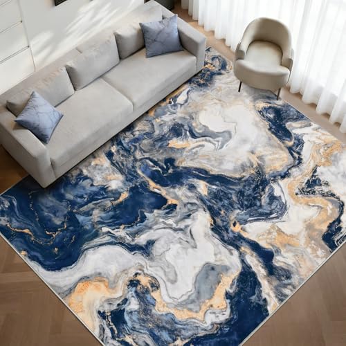 Yinhua Marble Rug 5x7, Blue and Gold Washable Rug Non Slip, Soft Faux Wool Modern Rugs Non Shedding, Low Pile Abstract Area Rugs Non Skid, Stain Resistant Floor Carpet for Living Room Bedroom Office
