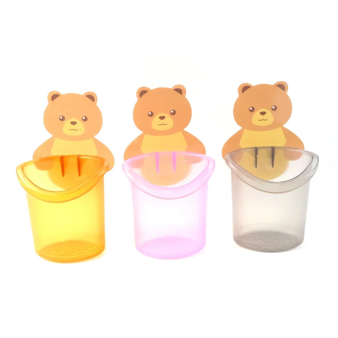 Cute Bear Wall Mounted Toothbrush Holder (Pack of 3) - Self Adhesive Multi-Purpose Bathroom Organizer Cup, No-Drill Plastic Storage Mug with Drainage Holes for Kids & Family (Multi-Color)-image-1