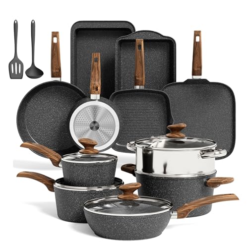 MAISON ARTS 17 Piece Black Pots and Pans Set Non Stick Granite, Non Toxic Induction Kitchen Cookware Sets, Pan and Pot Sets for Cooking Nonstick