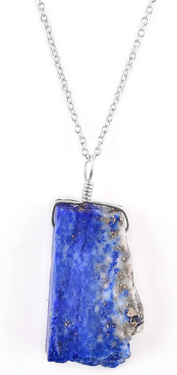 Raw Blue Lapis Lazuli Gemstone Dainty Pendant Necklace Women Jewelry for Her, Rough Crystals, Birthstone, Healing Stones, Rhodium Plating 925 Sterling Silver 18 inch, Yoga & Meditation Rough