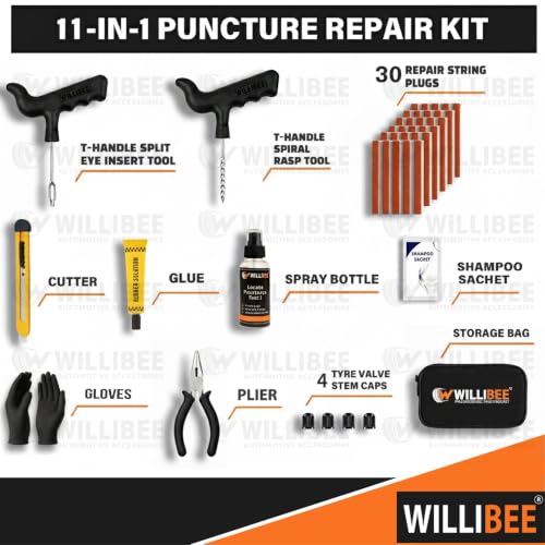 Image of WILLIBEE 11-in-1 (Pack of 30 Strips) Puncher Kit | Emergency Tool Kit, Tubeless Tyre Puncture Repair Kit for Bike & Car (with Storage Bag)