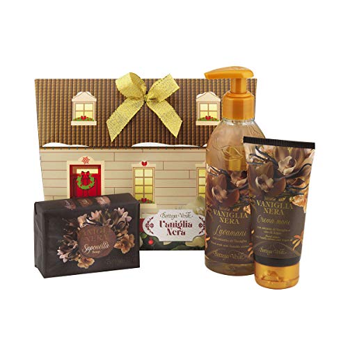 Bottega Verde - Confezione Regalo per Donna - Casetta Vaniglia Nera - Sapone Liquido Lavamani (250 ml) + Saponetta Profumata + Crema Mani con Estratto di Vaniglia e Olio di Argan (75 ml)