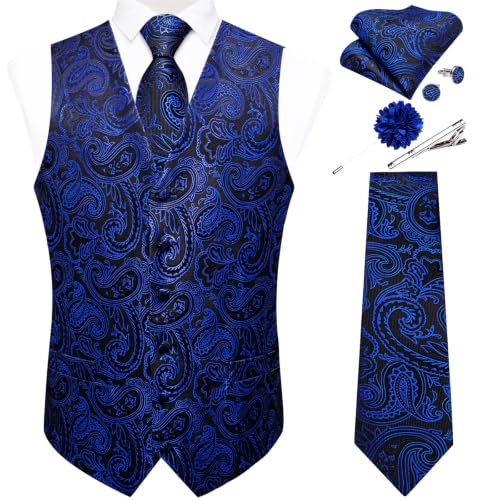 Image of DiBanGu Mens Vest and Tie Set Formal Paisley Waistcoat and Necktie Pocket Square Cufflinks Silk Suit Vest for Tuxedo Wedding