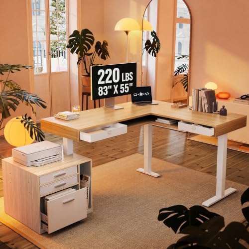 Image of HUANUO 83 inch Electric L Shaped Standing Desk with File Cabinet, Light Walnut | 63 inchx55 inch L-Shaped Corner Desk,3-Drawer File Cabinet,2 Fabric Storage Drawers,220lbs Carbon Steel,27.6 inch-46.5 inch Adjustable Height