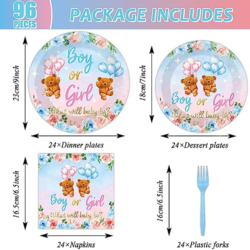 Image of 96 Pieces Bear Gender Reveal Theme Tableware Set for Gender Reveal Party Table Decor Supplies Boy or Girl Dessert Plates Napkins Forks for 24 Guests Pink Blue Bear Baby Shower Disposable Party Favors