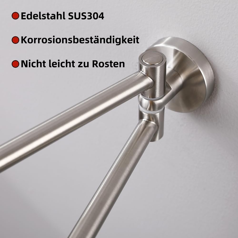 Porte‑Serviettes Pivotant à Deux Bras, Porte‑Serviettes Mural Acier Inoxydable SUS304, Rotation 180° Gain de Place Finition Brossé, H91201D