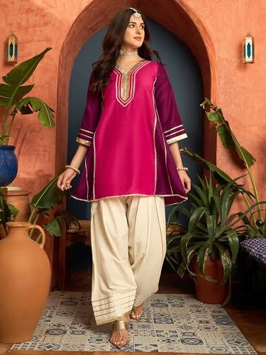 Image of EthnicJunction Women's Cotton Silk gota Patti Work High-Low Kurti with farshi Salwar | Co Ord Set for Women Stylish | Festival wear | Kareena Kappor Kurta Set | Wedding | Ethnic Kurta Set