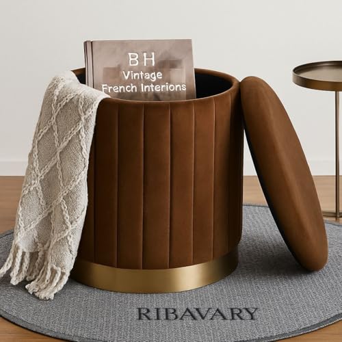 Image of Round Velvet Luxurious Storage Ottoman, Pouf with Storage Vanity Stool Chair,Upholstered Foot Rest Stool with Gold Strip Base for Living Room or Bedroom (Coffee, Medium- 36Dx36Wx40H)