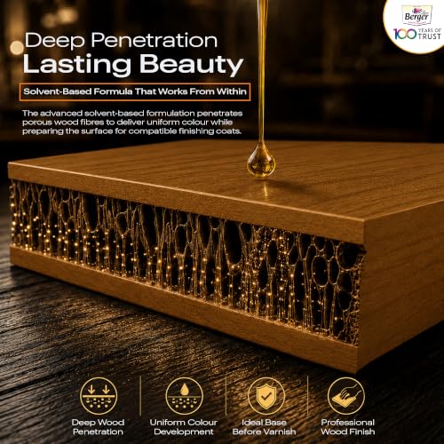 Image of Berger Wood Keeper Oak Yellow Wood Stain with Leakproof Bottle & Easy Cloth Application Transparent Solvent-Based Stainer for Home Office Furniture Surfaces Shine and Finish (Pack of 1, 1L)