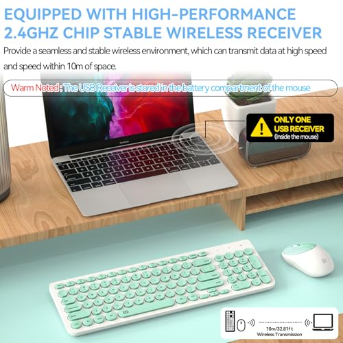 Image of FD Wireless Keyboard and Mouse Combo - 2.4GHz USB Cordless, Cute Round Keys, Quiet and Slim Set for Laptop, Computer, TV, and Mac - Mint Green & White