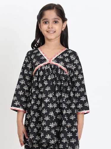 Image of Maaesa Girls' Light Pink & White Striped Cotton Alia Kurta and Afghani Pants Set | Sleeves | V-Neck with Metallic Trim | Lightweight & Breathable | Festive & Casual Wear