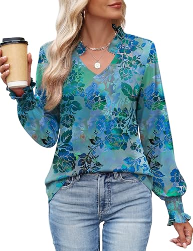 Kistore Long Sleeve Shirts for Women Pleated Cuffs Dressy Business Casual Blouses 2025 Trendy Puff V Neck Tunic Tops2