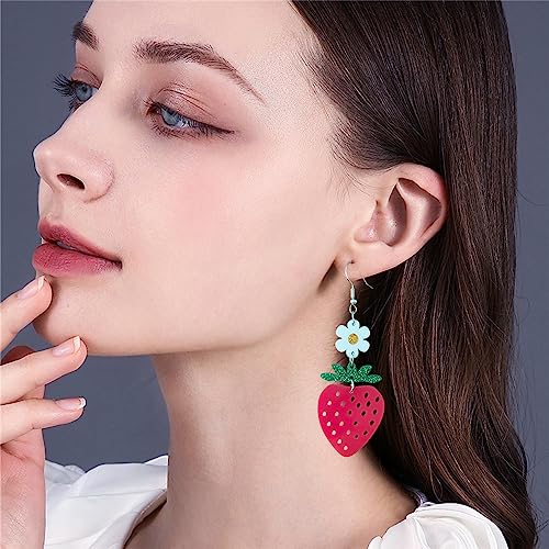 Acrylic Strawberry Dangle Earrings for Women Cute Flower Fruit Lightweight Charms Drop Dangling Fish Hook Stud Hollow-out Birthday Holiday Wedding Christmas Jewelry Gifts for Daughter Niece2