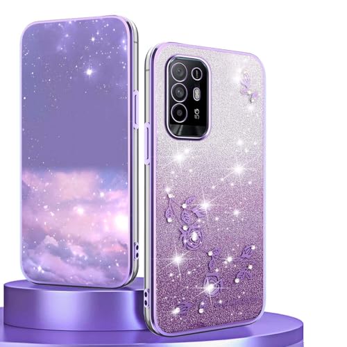 BORYA Silicone Cover per OPPO A94 5G / OPPO A95 5G, Ultra Sottile Antiurto Morbida TPU Custodia, Placcatura Elegante Brillante Diamante Fiori Caso con Gradiente Carta, Viola