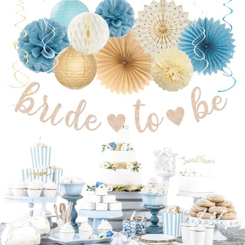Image of Beige-Champagne-Blue Boho Bachelorette Party-Decorations - 21pcs Women Bridal Shower Banner Garland,Bride To Be Paper Streamers Lanterns,Flower Tissue Pom Poms Fan Favors Wedding Decor Huglony