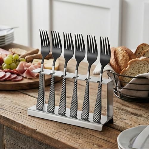 Image of 8.1 inch Charcoal Black Dinner Forks Set of 5 with Checks Printed Handle ? Durable Stainless Steel Silverware, Mirror Polished Forks, Perfect for Home, Restaurant, and Gifting
