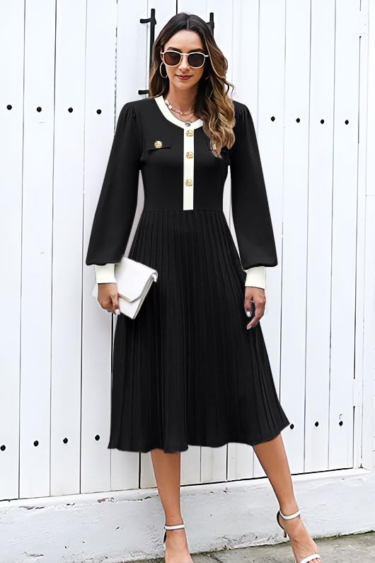 ETCYY Women's Casual Long Sleeve Midi Dress 2025 Striped Fall Sweater Work Button Pleated A Line Ribbed Knit Dresses2