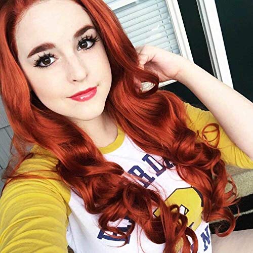 Tereshar Copper Red Ladies Wig, Long Wavy Ginger Wig Heat Resistant Synthetic Hair for Cosplay Costume Halloween Party(28inch)
