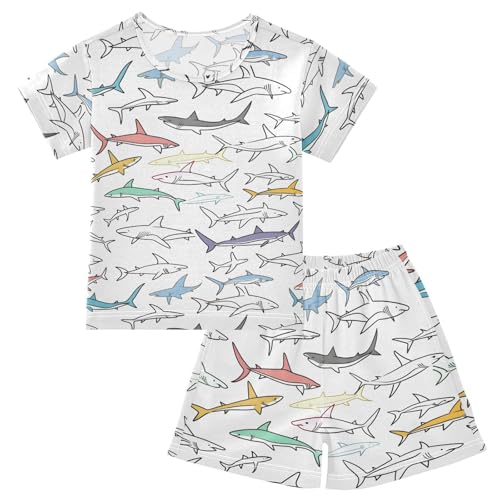 ALAZA Shark on White Cartoon Pajamas Short Sleeve 2 Piece Sleepwear Top and Bottom Pajama Set Unisex