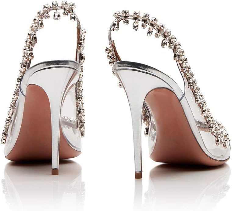 Women's Sparkly Rhinestone Clear Heels Fish Mouth Slingback Gorgeous Chain Backless Peep Toe Heel Sandals Pointed Elegant4