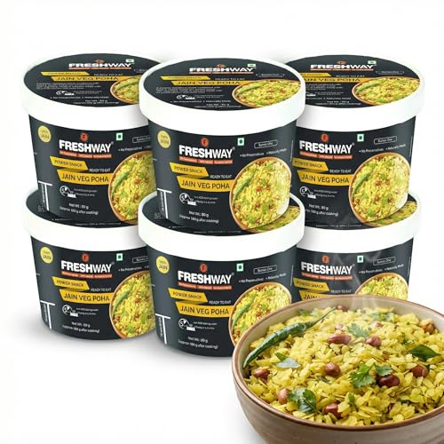 Image of Freshway Jain Veg Poha Quick & Easy Ready to Eat Healthy Snack | 100% Jain No Onion No Garlic No Preservatives | Nutritious & Delicious Breakfast or Anytime Meal | Made with Real Veggies | Lightweight Travel Friendly Ideal for Office Hostel & Travel | Pack of 6